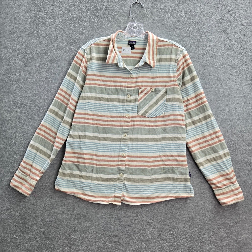 Patagonia Women Top 6 Blue Striped Organic Cotton Button Up Collar